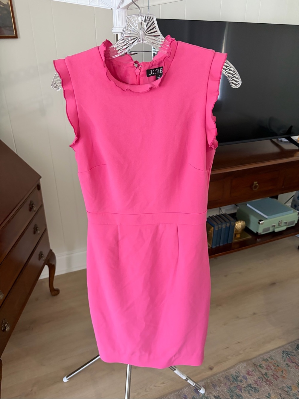 JCrew Women’s Hot Pink Sheath Dress with Ruffle Neck